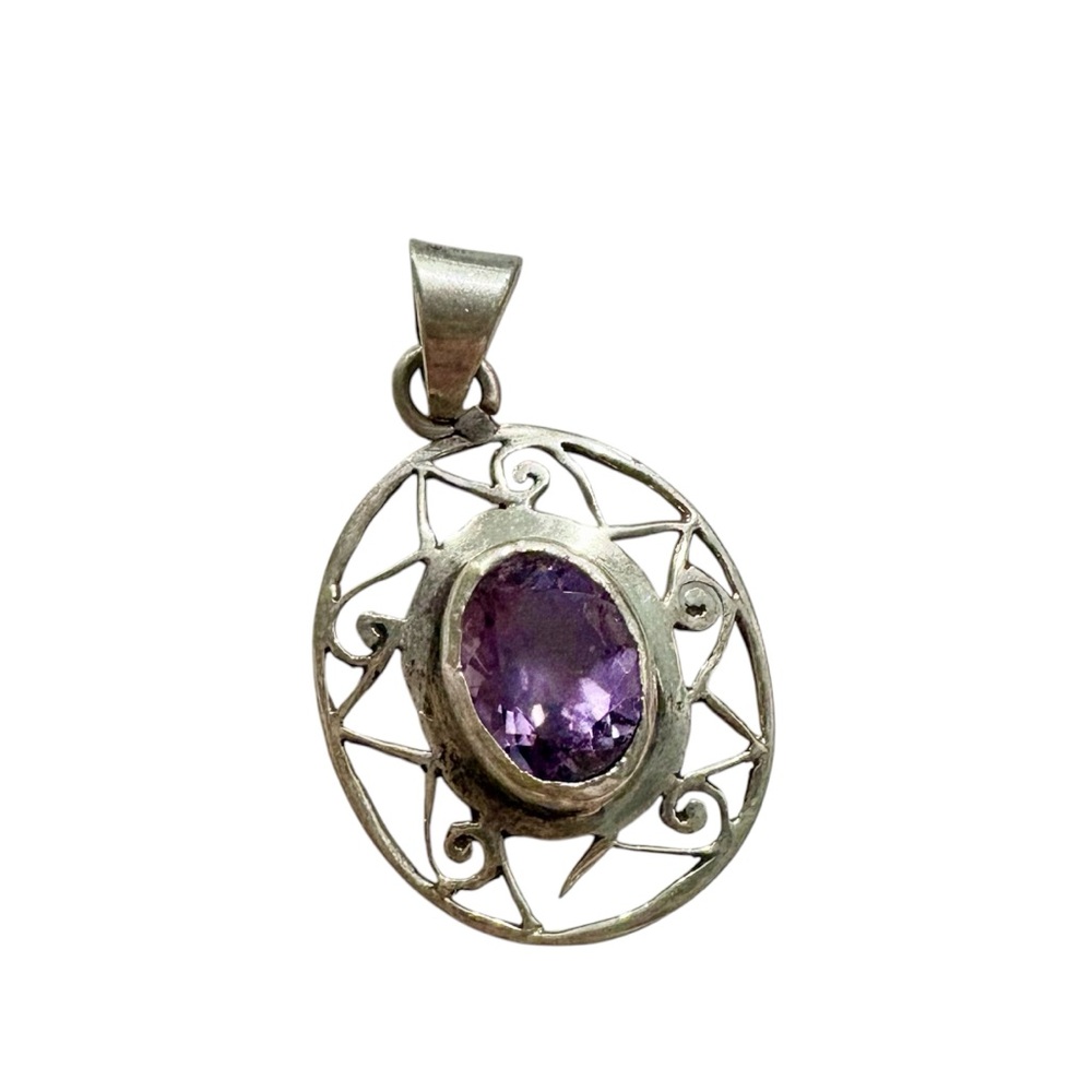 Sterling Silver 925 Pendant with Genuine Amethyst Oval Gemstone and Sun Motif